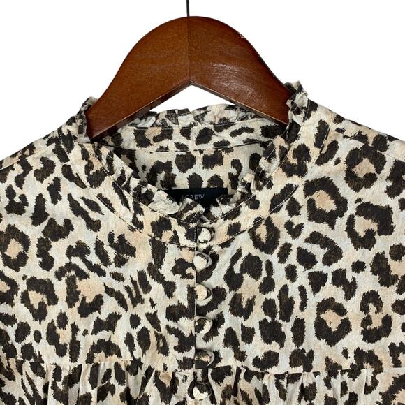 J Crew Blouse Button Front Ruffleneck Popover Leopard Print Cotton Women's S - Picture 3 of 9